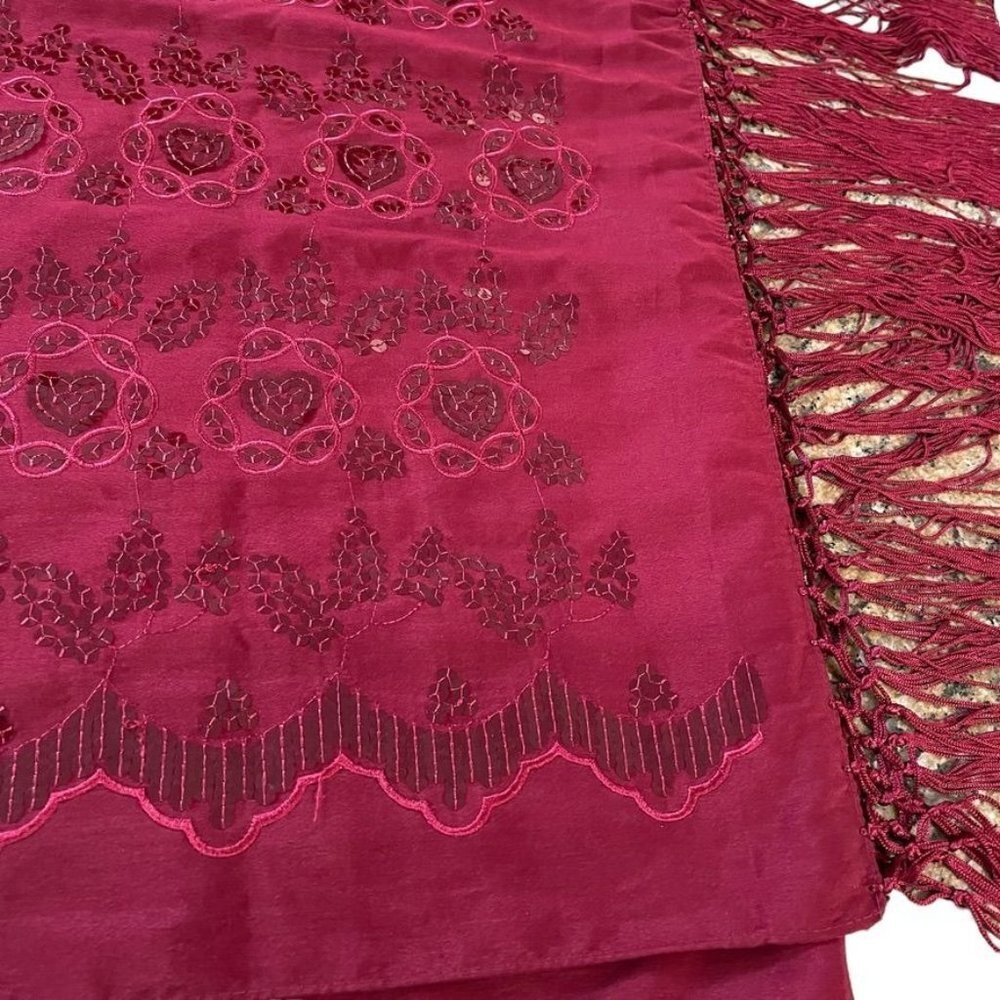 Indian Multi Use Burgundy Fringed Sequined Embroidered Scarf Shawl Wrap NWOT - Picture 4 of 6